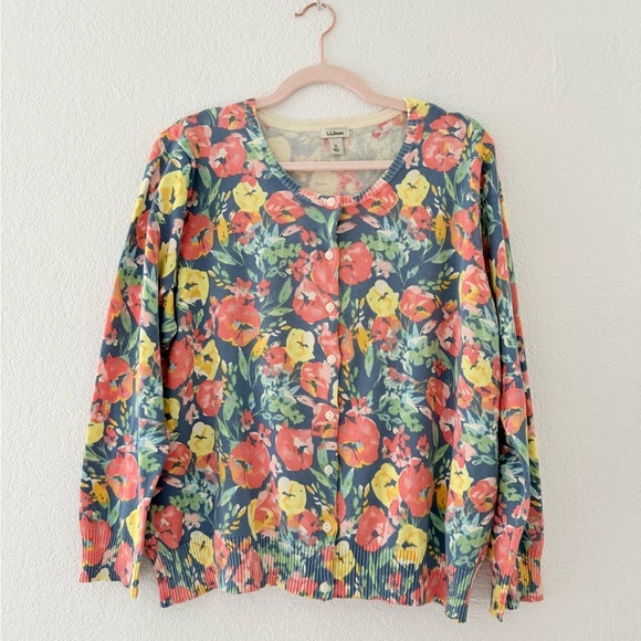 L.L. Bean Womens Cardigan Sweater XL Floral Cotton Blend Long Sleeve Stretch - Picture 2 of 9